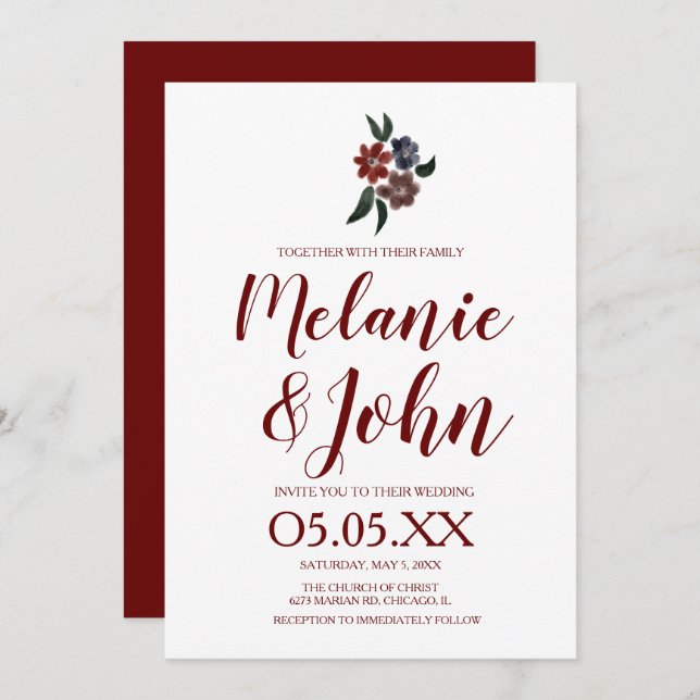 Watercolor Simple Burgundy Floral Romantic Wedding Invitation (Front/Back)