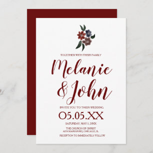 Watercolor Simple Burgundy Floral Romantic Wedding Invitation