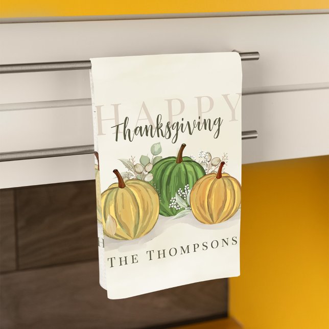 Watercolor Simple Pumpkin Gourd Happy Thanksgiving Hand Towel (Happy Thanksgiving with watercolor gourds, personalized kitchen towel.)