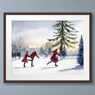 Watercolor Simplistic Ice Skating Winter Pond Poster