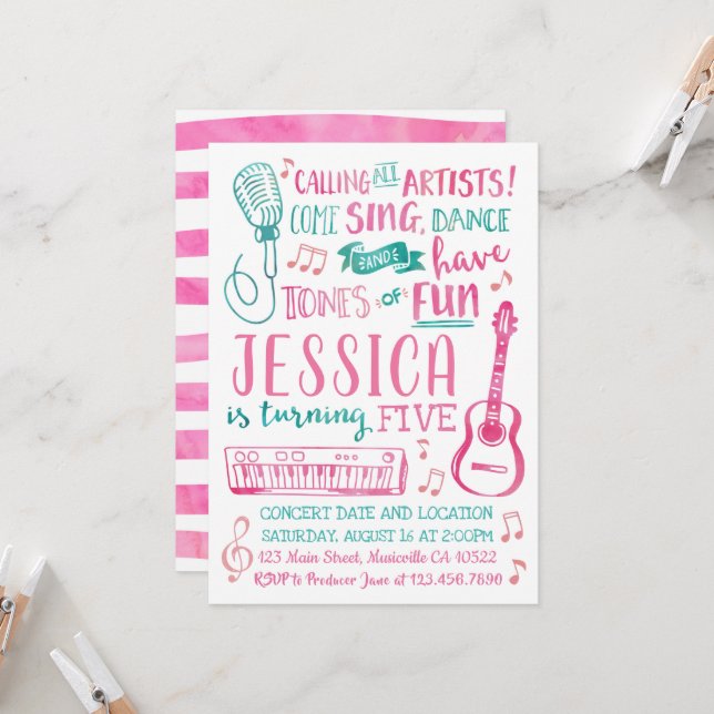 Watercolor Singer Birthday Invitation (Front/Back In Situ)