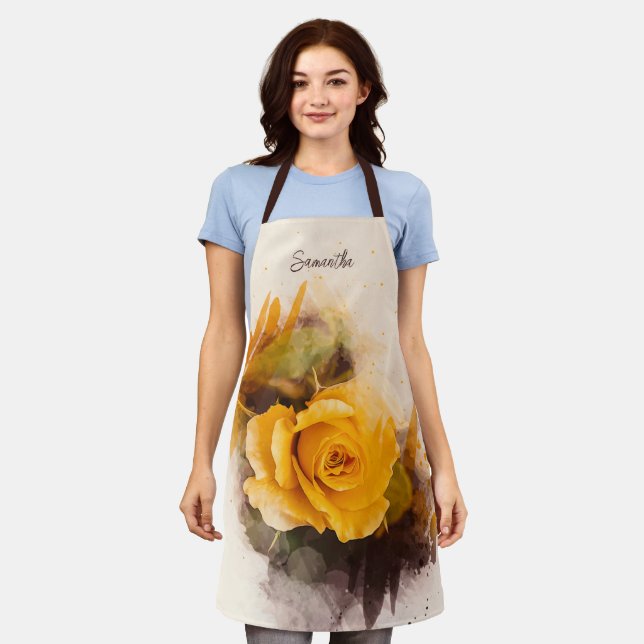 Watercolor Single Yellow Rose Apron (Worn)