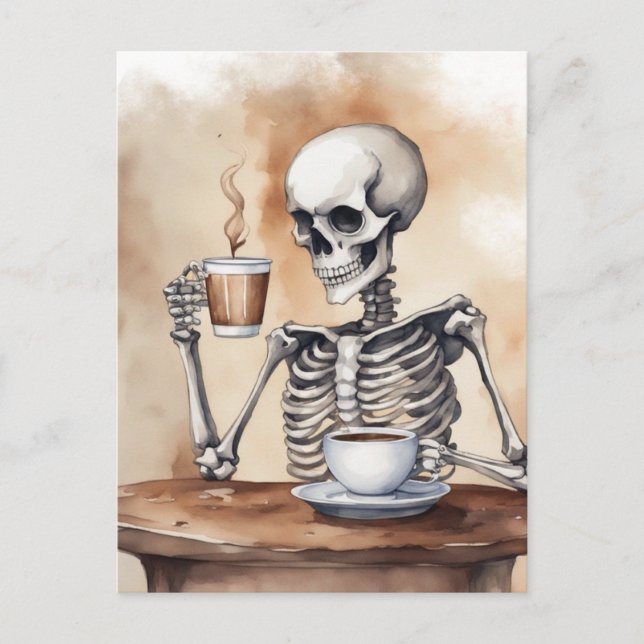 Watercolor Skeleton Enjoys Coffee Postcard (Front)