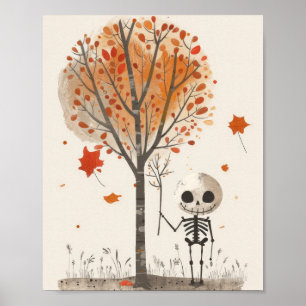 Watercolor Skeleton Fall Leaves Cute Halloween Poster