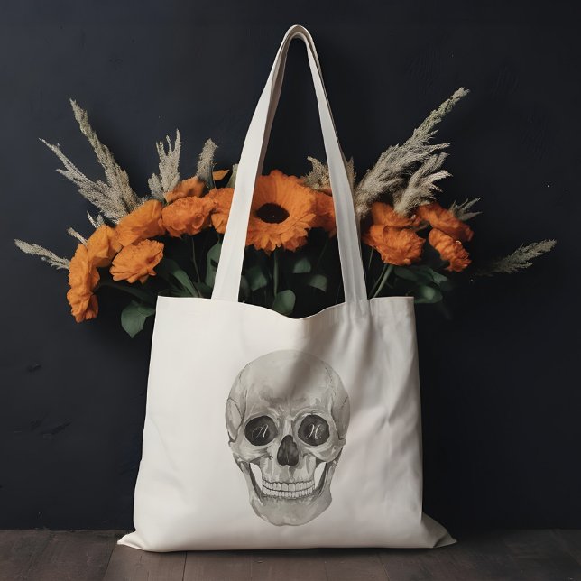 Watercolor Skeleton Head Gothic Custom Monogram Tote Bag (Watercolor Skeleton Head Gothic Custom Monogram Tote Bag)