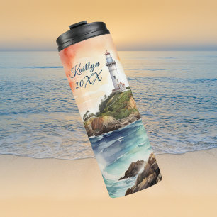 Watercolor Sketch Byron Bay Lighthouse Monogram Thermal Tumbler