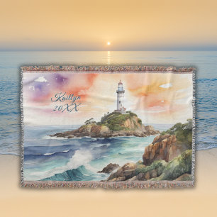 Watercolor Sketch Byron Bay Lighthouse Monogram Throw Blanket