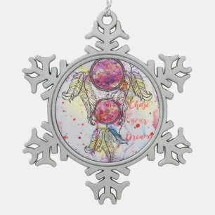Watercolor sketch Dreamcatcher “Chase your Dreams” Snowflake Pewter Christmas Ornament