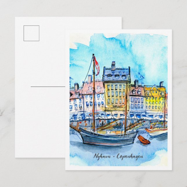 Watercolor Sketch Nyhavn Copenhagen Postcard (Front/Back)