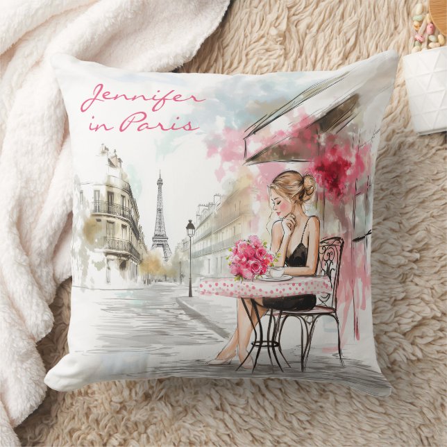 Watercolor Sketch of Paris City with Woman Coffee Cushion (Blanket)