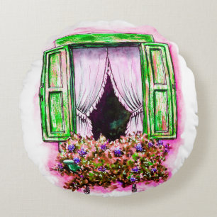 Watercolor sketch traditional old fashioned window round cushion