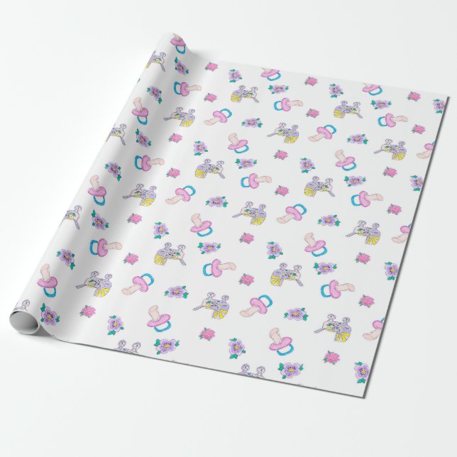 Watercolor sketched baby shower toys nipple cartoo wrapping paper (Unrolled)