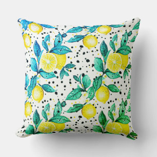 watercolor sketched detailed of blue leaves, lemon cushion
