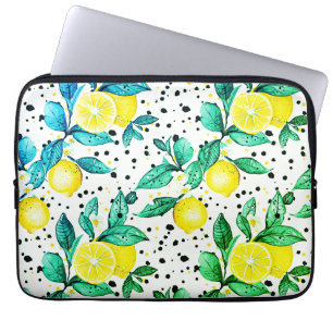 watercolor sketched detailed of blue leaves, lemon laptop sleeve