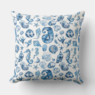 Watercolor sketched detailed of blue shells of var cushion