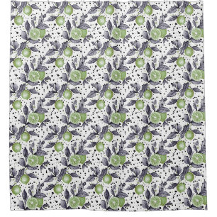 watercolor sketched detailed of green leaves, lime shower curtain