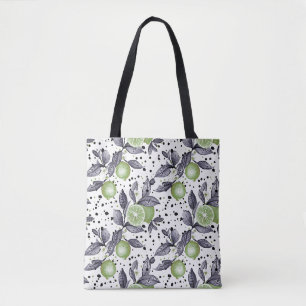 watercolor sketched detailed of green leaves, lime tote bag