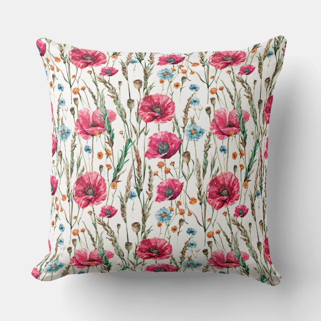 Watercolor sketched pattern of Red poppy flowers,  Cushion (Front)