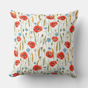 Watercolor sketched pattern of Red poppy flowers,  Cushion