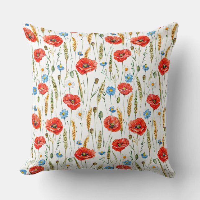 Watercolor sketched pattern of Red poppy flowers,  Cushion (Front)