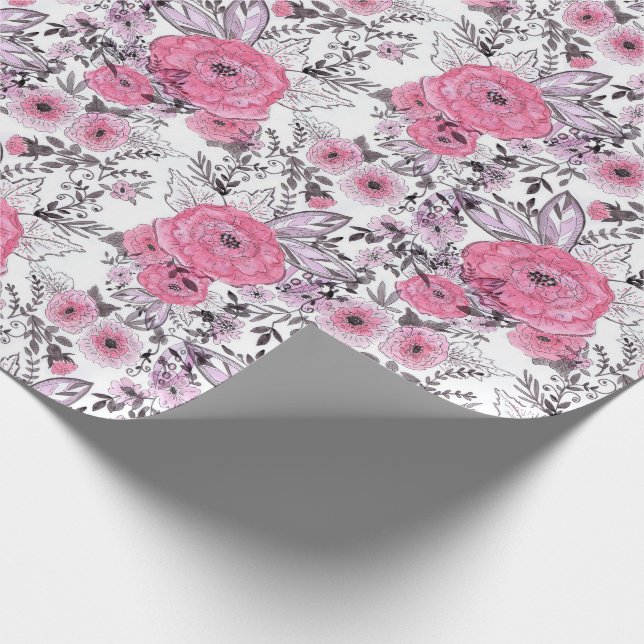 Watercolor sketched pink flowers light white backg wrapping paper (Corner)