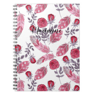 Watercolor sketched red feathers flowers white boh notebook