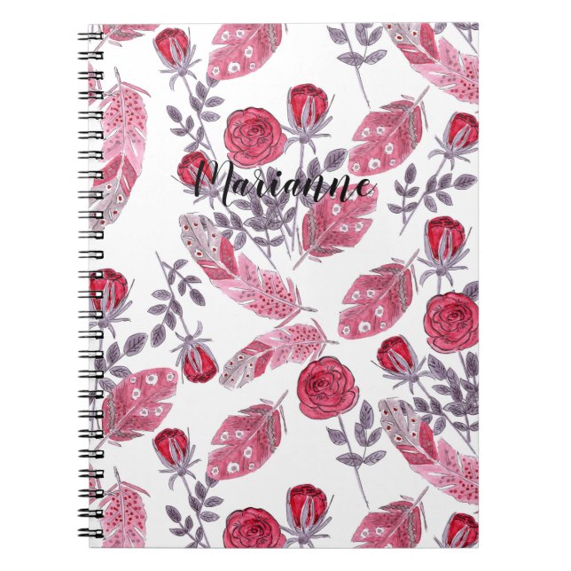 Watercolor sketched red feathers flowers white boh notebook (Front)