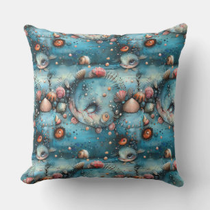 Watercolor sketched surreal monster fish, fairy cr cushion