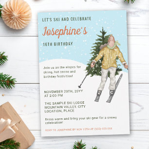 Watercolor Ski Girl Winter Skiing Birthday Party Invitation