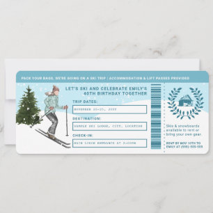 Watercolor Skier Faux Ski Trip Ticket Birthday Invitation