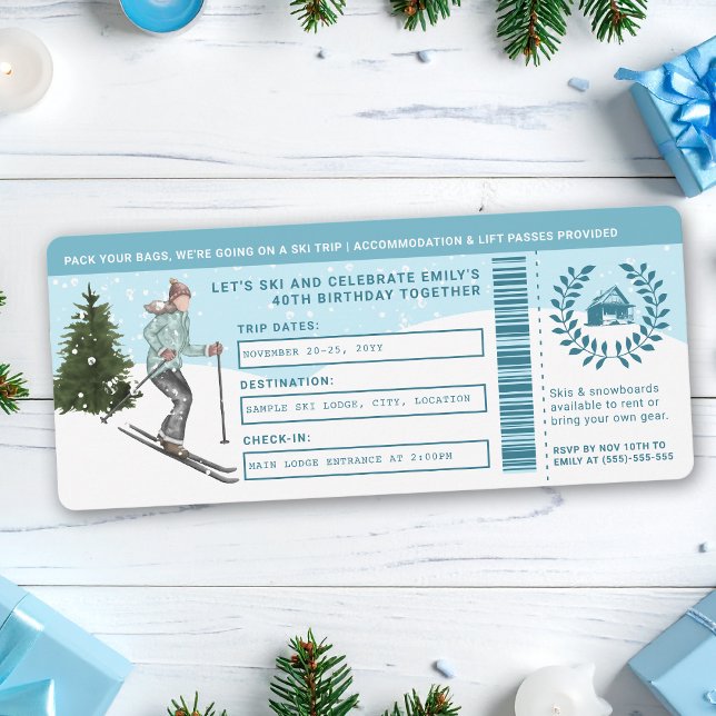Watercolor Skier Faux Ski Trip Ticket Birthday Invitation (Creator Uploaded)