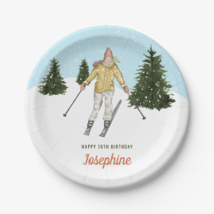 Watercolor Skier Girl And Trees Winter Birthday Paper Plate