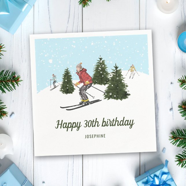Watercolor Skier Women Winter Birthday Party Napkin (Creator Uploaded)