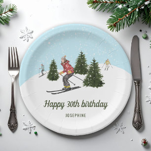 Watercolor Skiers Custom Ski Trip Birthday Party Paper Plate