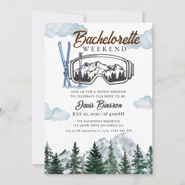 watercolor skiing bachelorette weekend invitation (Front)