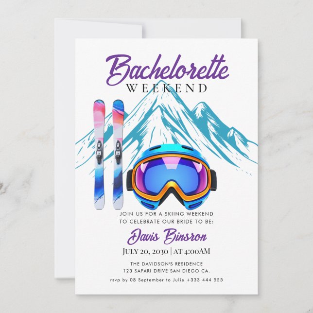 watercolor skiing bachelorette weekend invitation (Front)