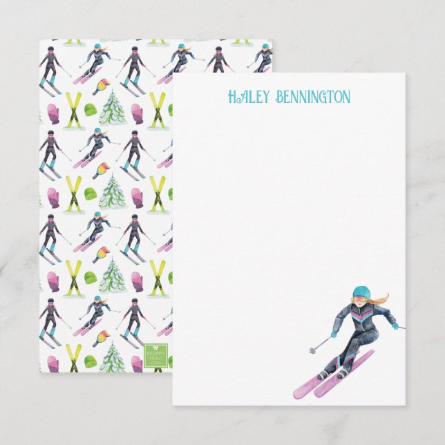 Watercolor Skiing Personalised Thank You Card (Front/Back)