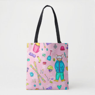 Watercolor Skiing Pika on Pink Snow with Gear Tote Bag