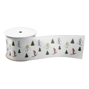 Watercolor Skiing Women Pattern With Fir Trees Satin Ribbon