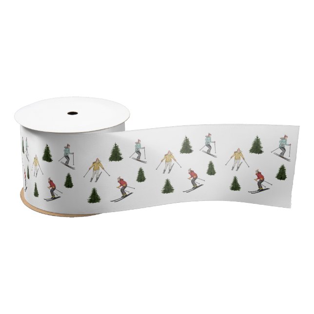 Watercolor Skiing Women Pattern With Fir Trees Satin Ribbon (Spool)
