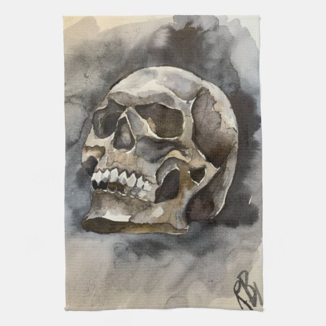 Watercolor skull kitchen towel (Vertical)