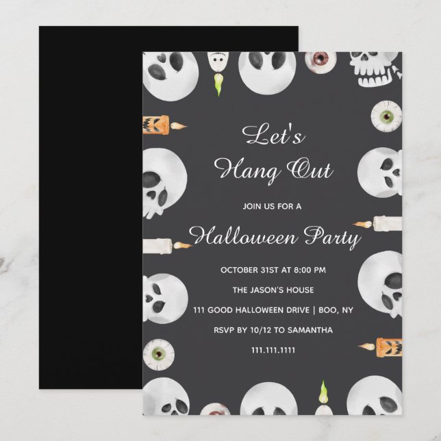 Watercolor Skull Let's Hang Out Halloween Party Invitation (Front/Back)