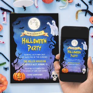 Watercolor Skull Pumpkin Spooky Halloween Party Invitation