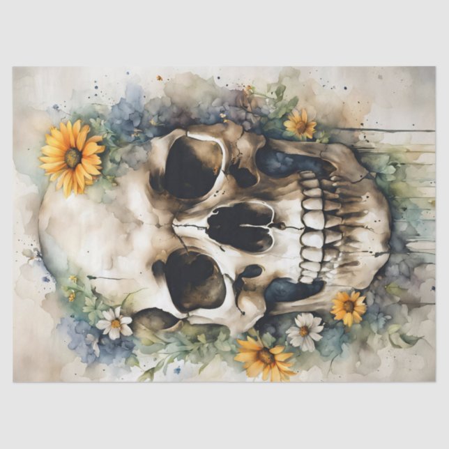 Watercolor Skull with Wildflowers Decoupage Tissue Paper (Front)