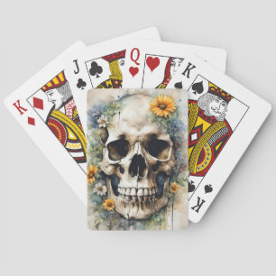 Watercolor Skull with Wildflowers Playing Cards