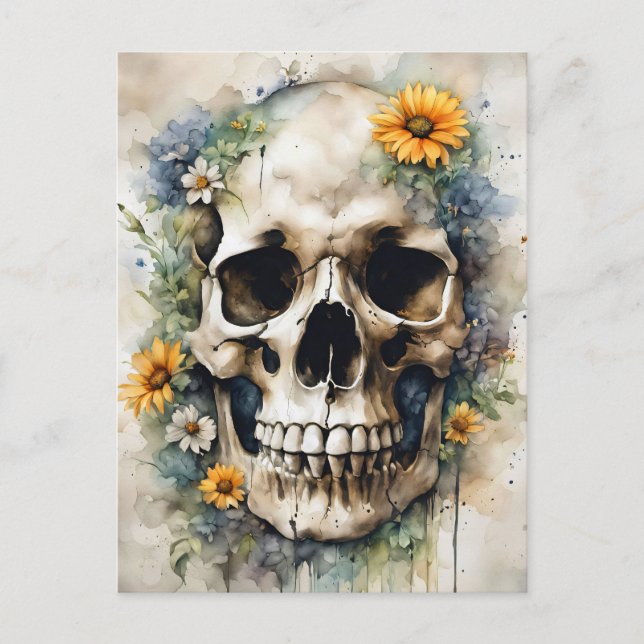 Watercolor Skull with Wildflowers Postcard (Front)