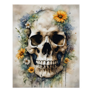 Watercolor Skull with Wildflowers Poster