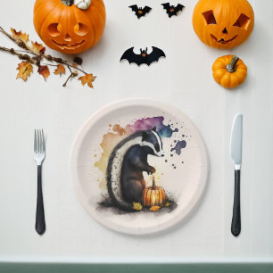 Watercolor Skunk Halloween Paper Plate