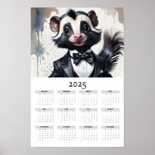 Watercolor Skunk Tuxedo Bow Tie 2025 Wall Calendar Poster