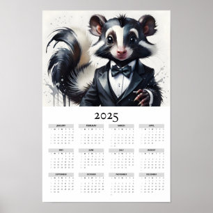 Watercolor Skunk Wearing Tuxedo 2025 Wall Calendar Poster